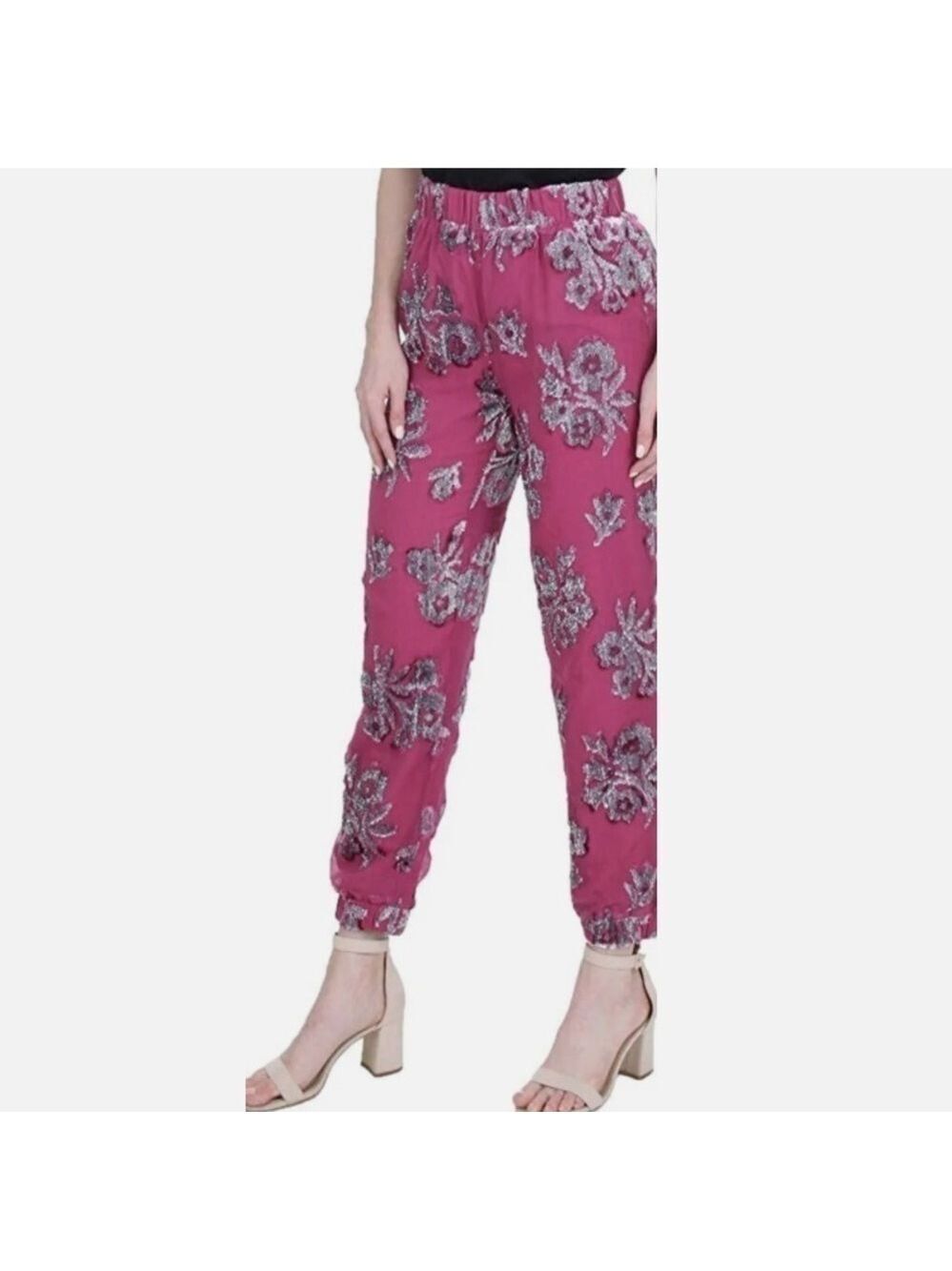Juicy Couture Pomegranate Metallic Floral Lurex Jacquard Pants, Sz Medium